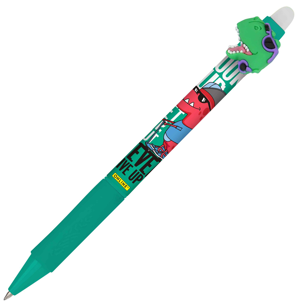 Bunt bedruckter Kugelschreiber mit einem Dinosaurierkopf als Kappe. Der Stift hat eine grüne Farbe und zeigt cartoonartige Motive.