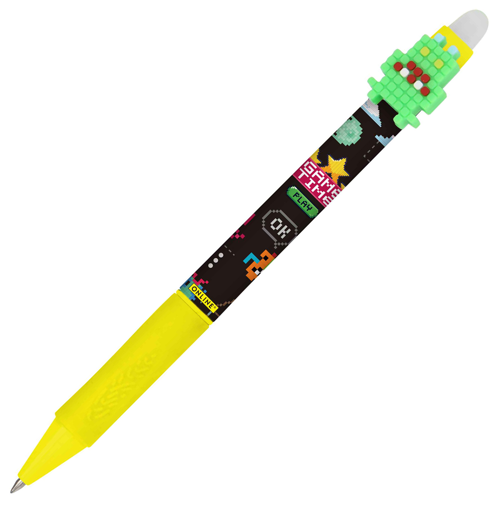 Gelber Kugelschreiber mit einem grünen, pixeligen Figurenkopf. Der Schaft hat ein buntes, retro-inspiriertes Design.