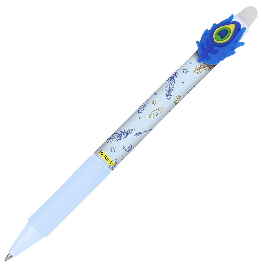 Kugelschreiber mit blauer, durchsichtiger Hülle. Oben ein farbiger, plastischer Aufsatz in Form eines Auges.