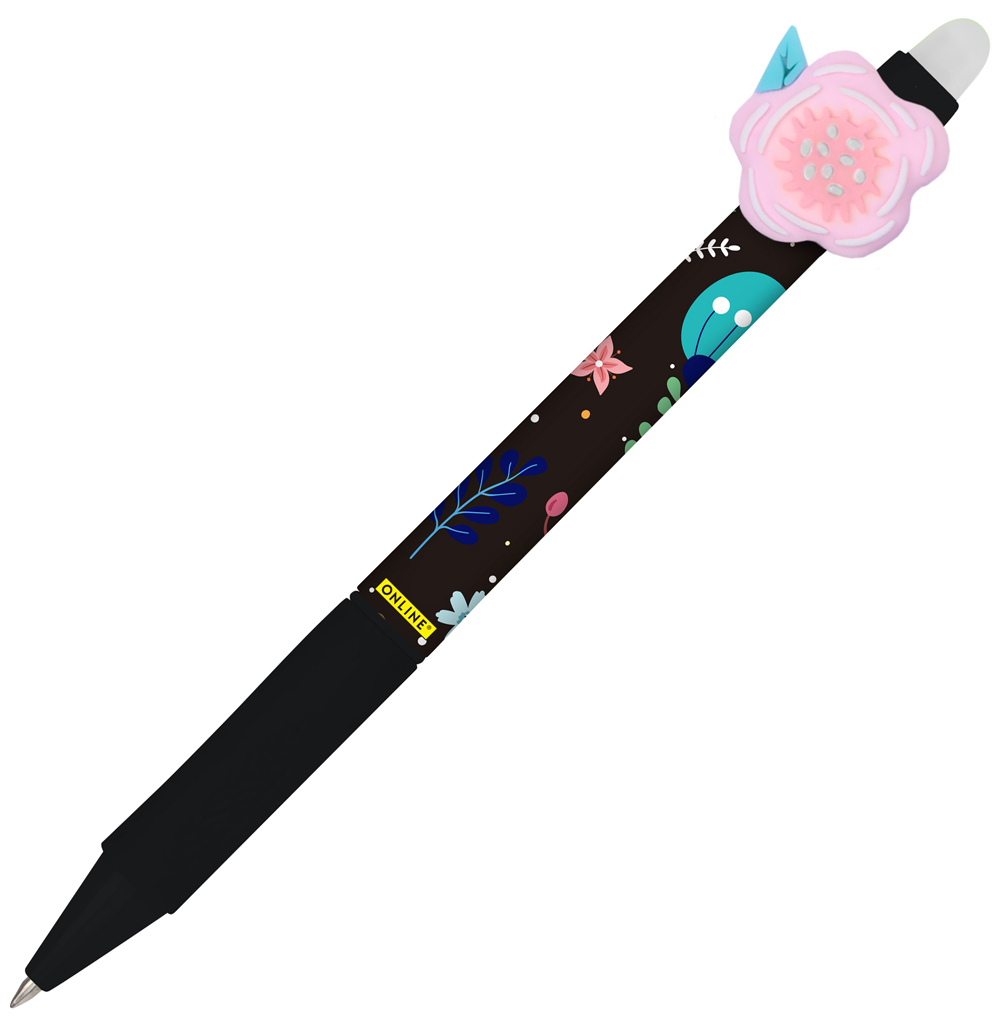 Schwarzer Kugelschreiber mit buntem Blumenmuster. Oben eine rosa Blume als Kappe. Modernes Design.