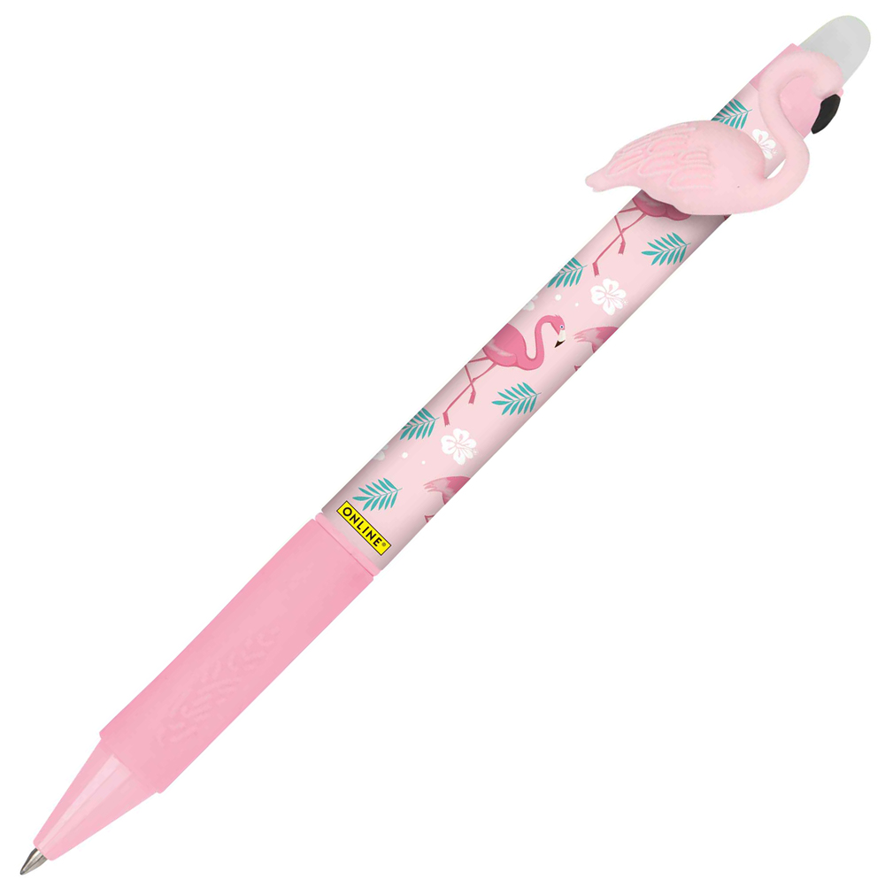 Kugelschreiber mit pinkem Flamingo-Motiv. Der Stift hat eine weiche Gummierung und eine Flamingo-Figur als Oberteil.