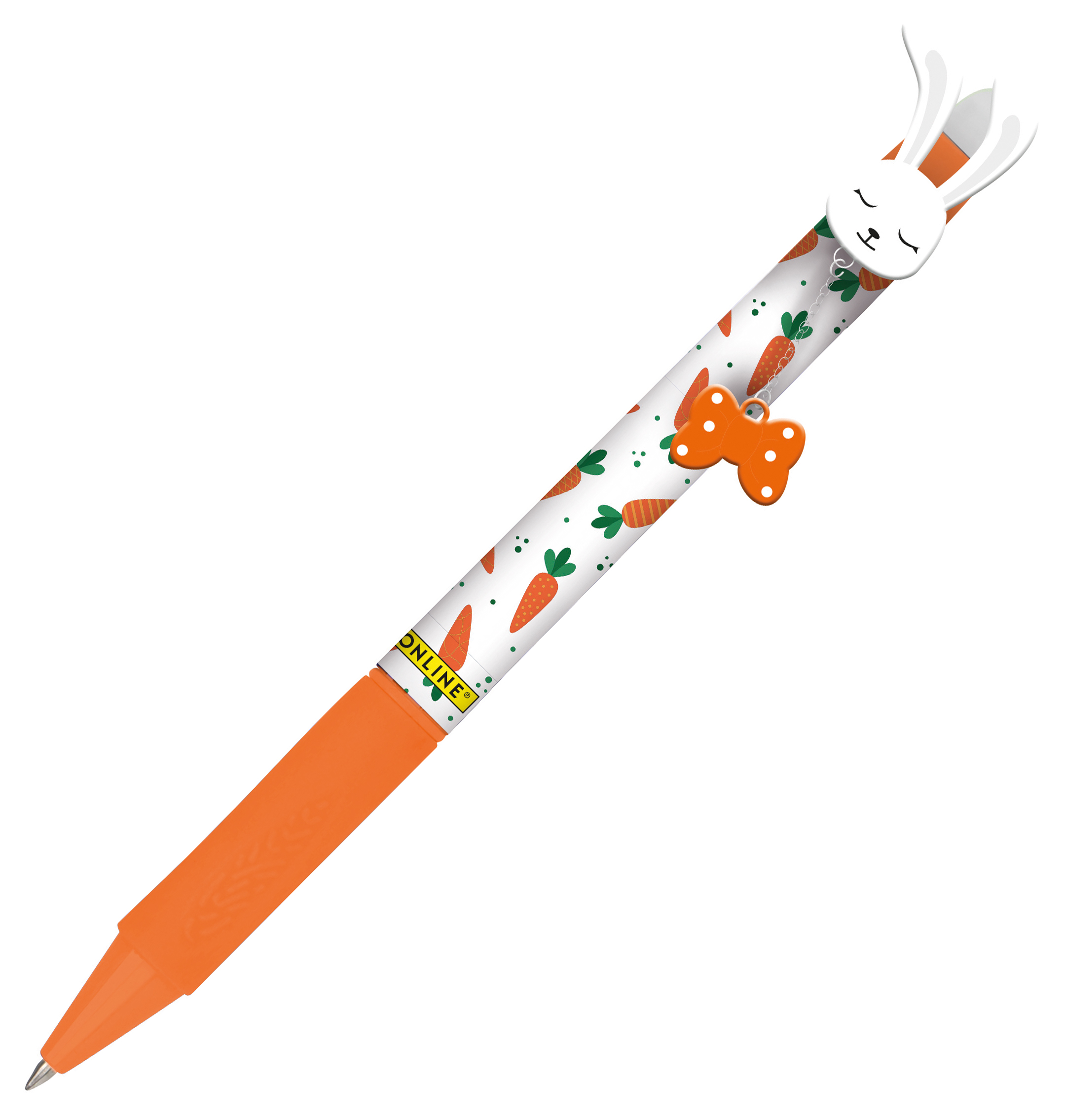 Kugelschreiber mit Karottenmuster. Orangefarbener Griff. Oben ein weißer Hase mit geschlossenen Augen und eine orangefarbene Schleife.