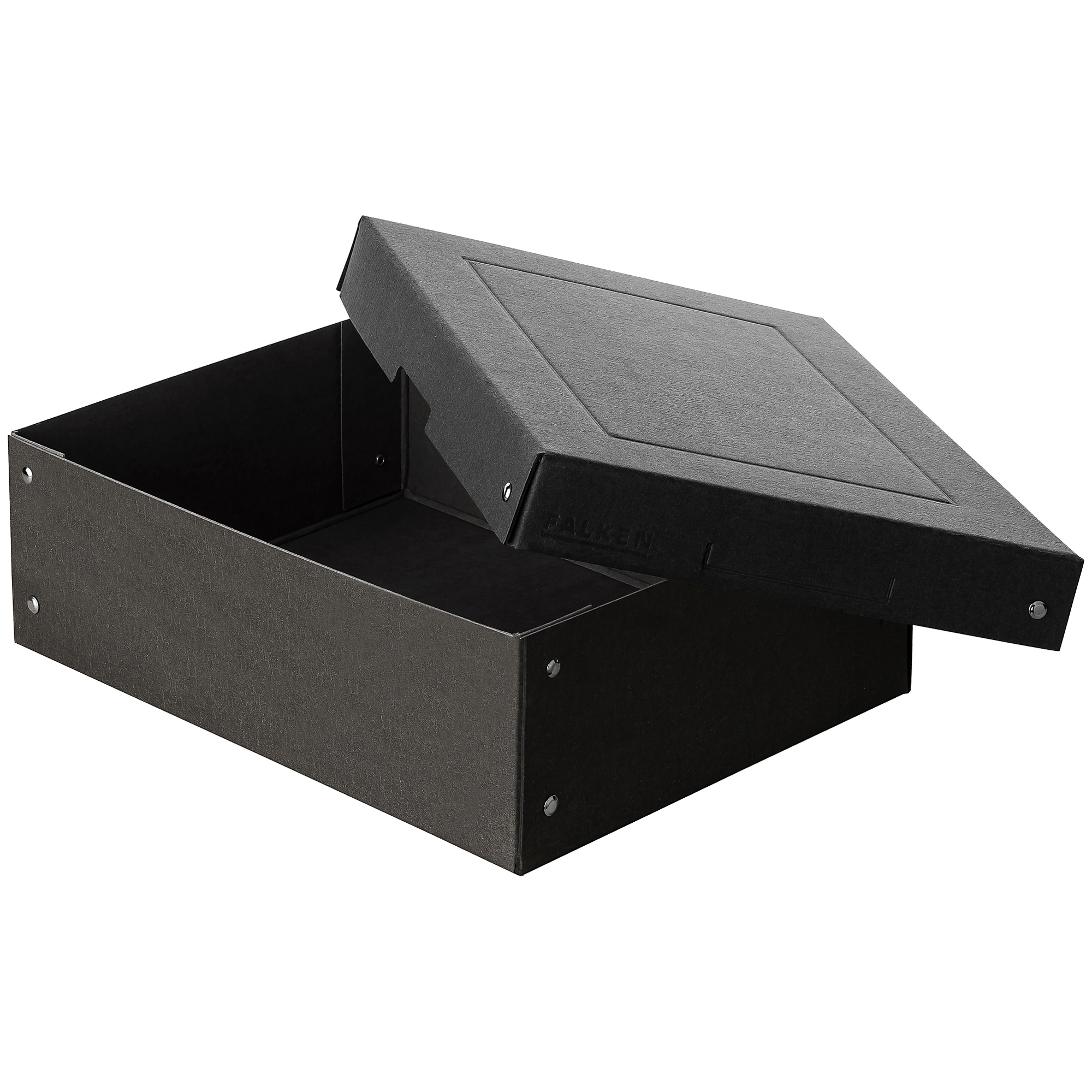 Schwarze Aufbewahrungsbox mit abnehmbarem Deckel. Die Box hat eine einfache, rechteckige Form.