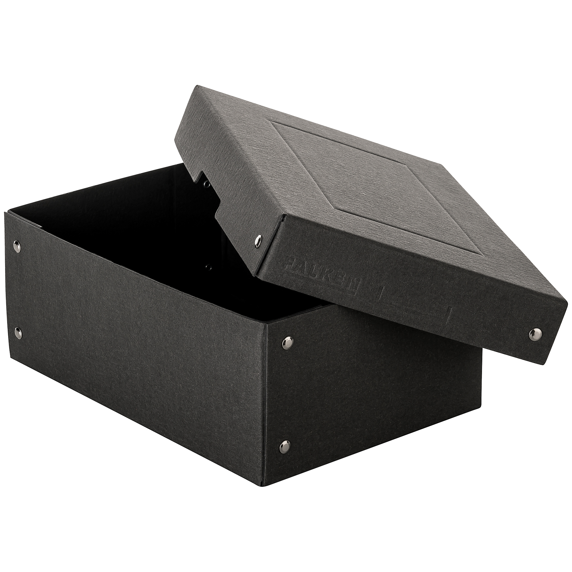 schwarze Aufbewahrungsbox mit abnehmbarem Deckel. Rechteckige Form, innen leer. Material sieht stabil aus.