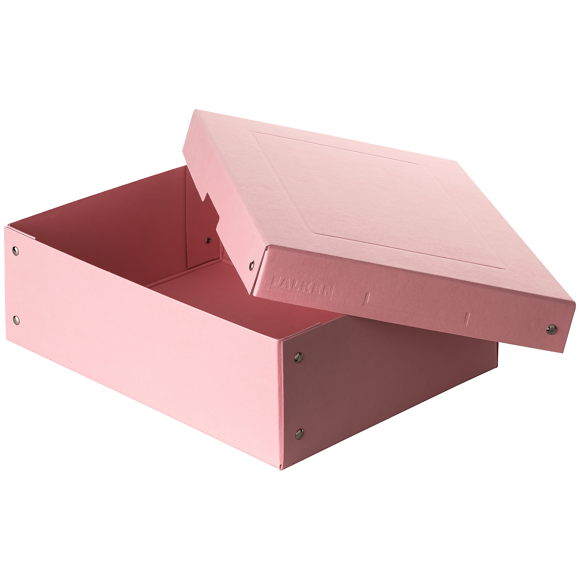 rosa Aufbewahrungsbox mit abnehmbarem Deckel. Die Box hat eine einfache, schlichte Form.