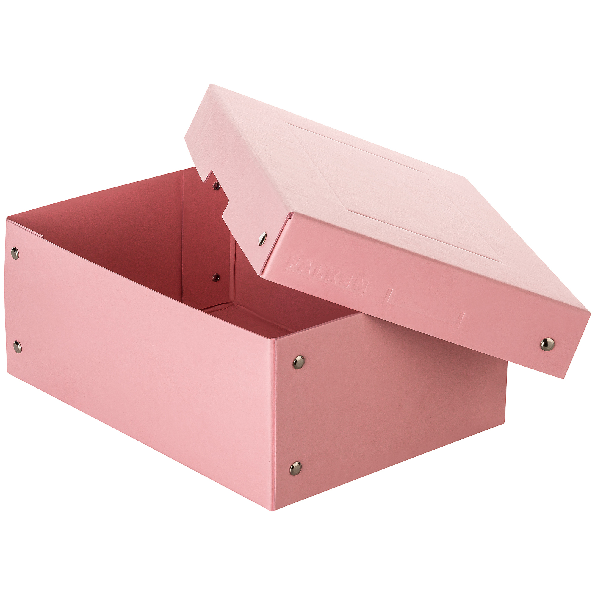 rosa Aufbewahrungsbox mit abnehmbarem Deckel. Die Box hat Metallnieten an den Seiten.