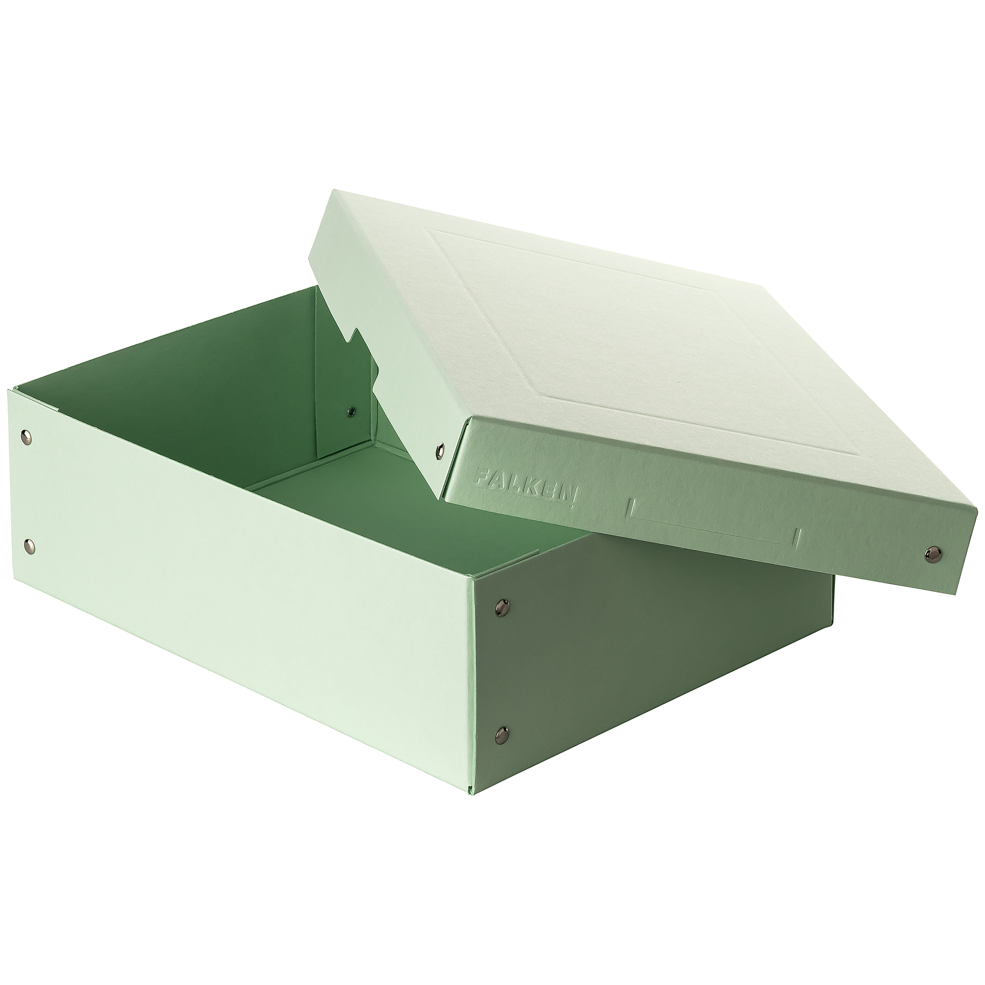 Grüne Aufbewahrungsbox mit Deckel. Ecken sind verstärkt.