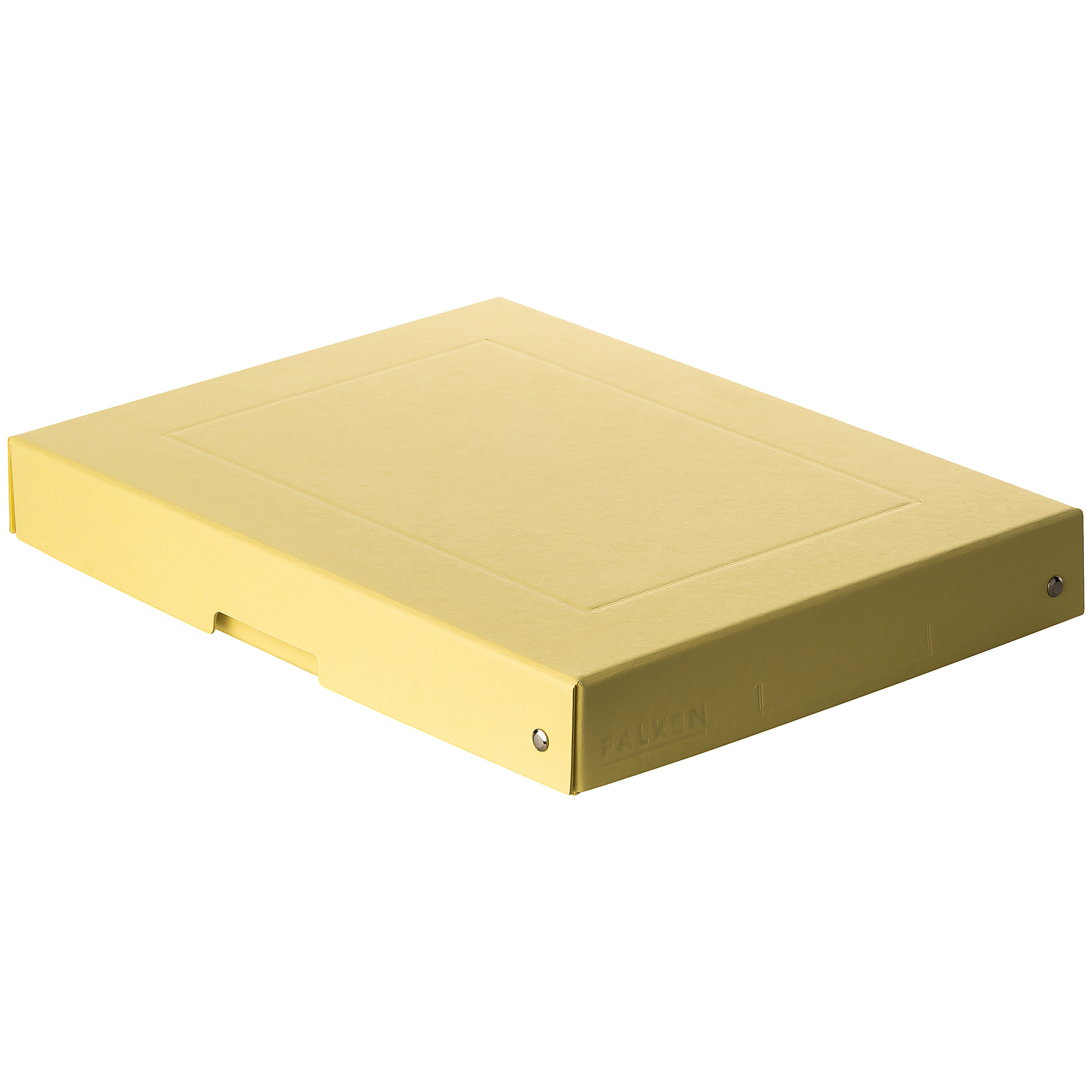 Gelbe Aufbewahrungsbox aus Karton. Flach und rechteckig mit einem Schiebedeckel.