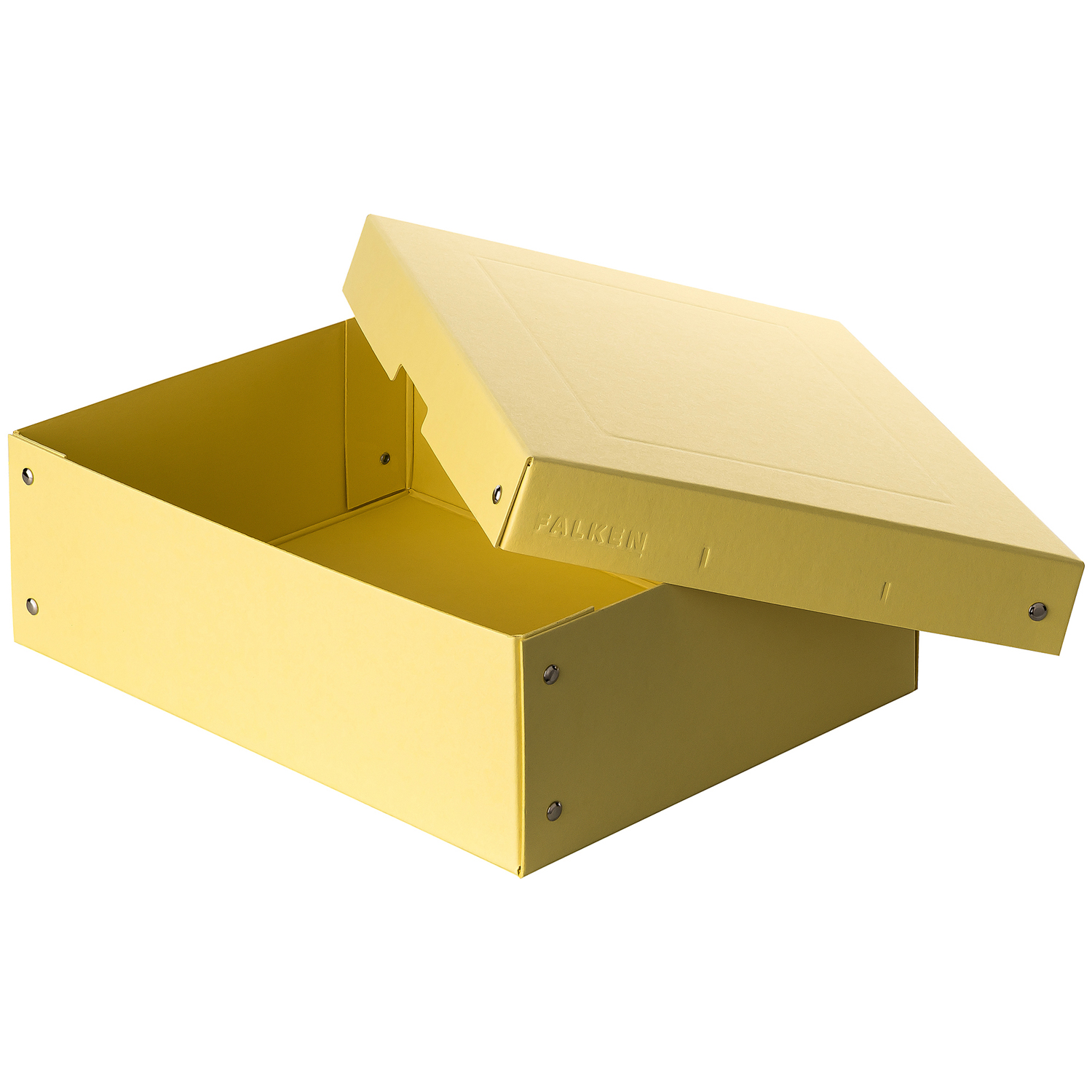 Gelbe Aufbewahrungsbox mit abnehmbarem Deckel. Die Box hat eine quadratische Form.