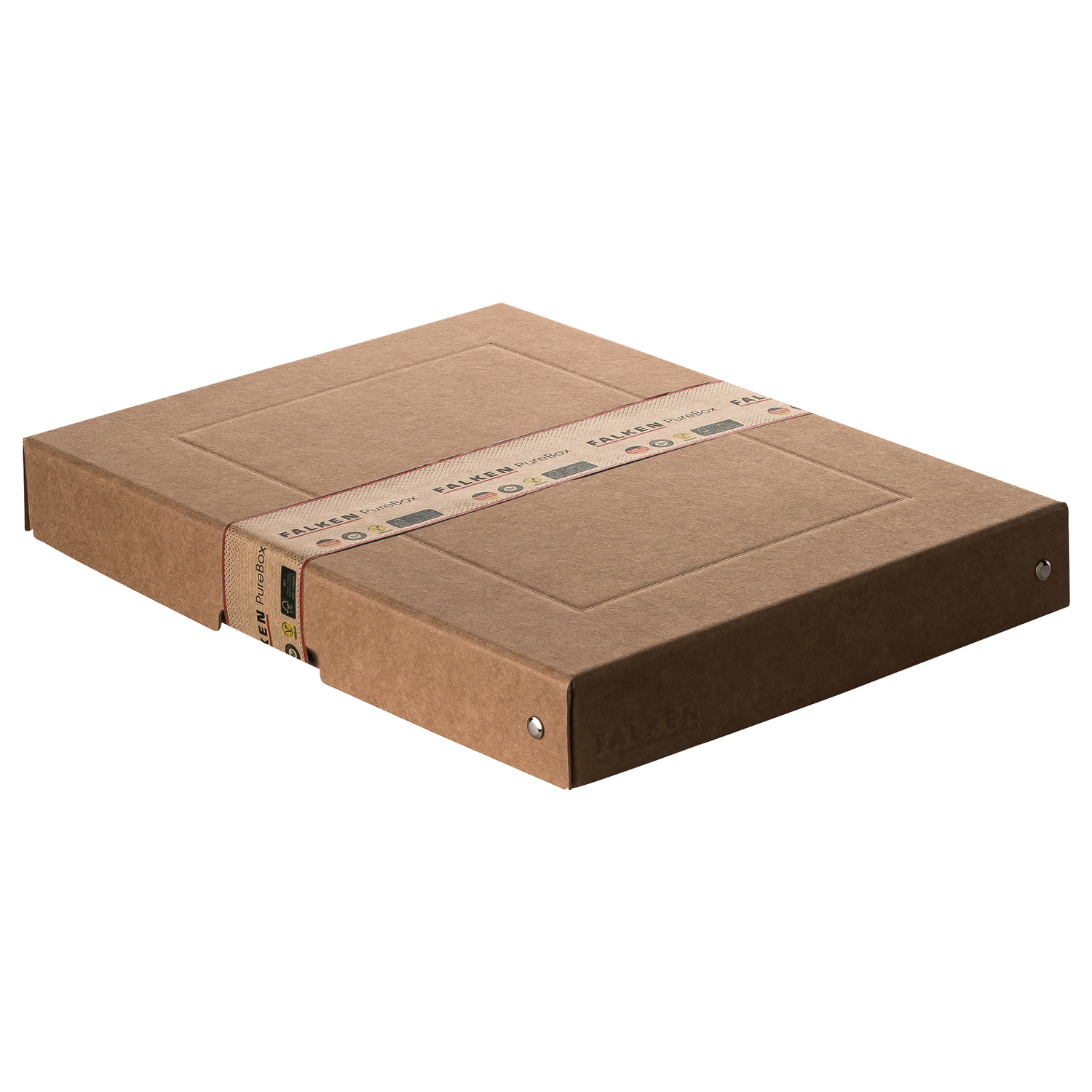 Braune, flache Box mit einem schlichten Design. Umwickelt mit einem Band, das verschiedene Symbole zeigt.