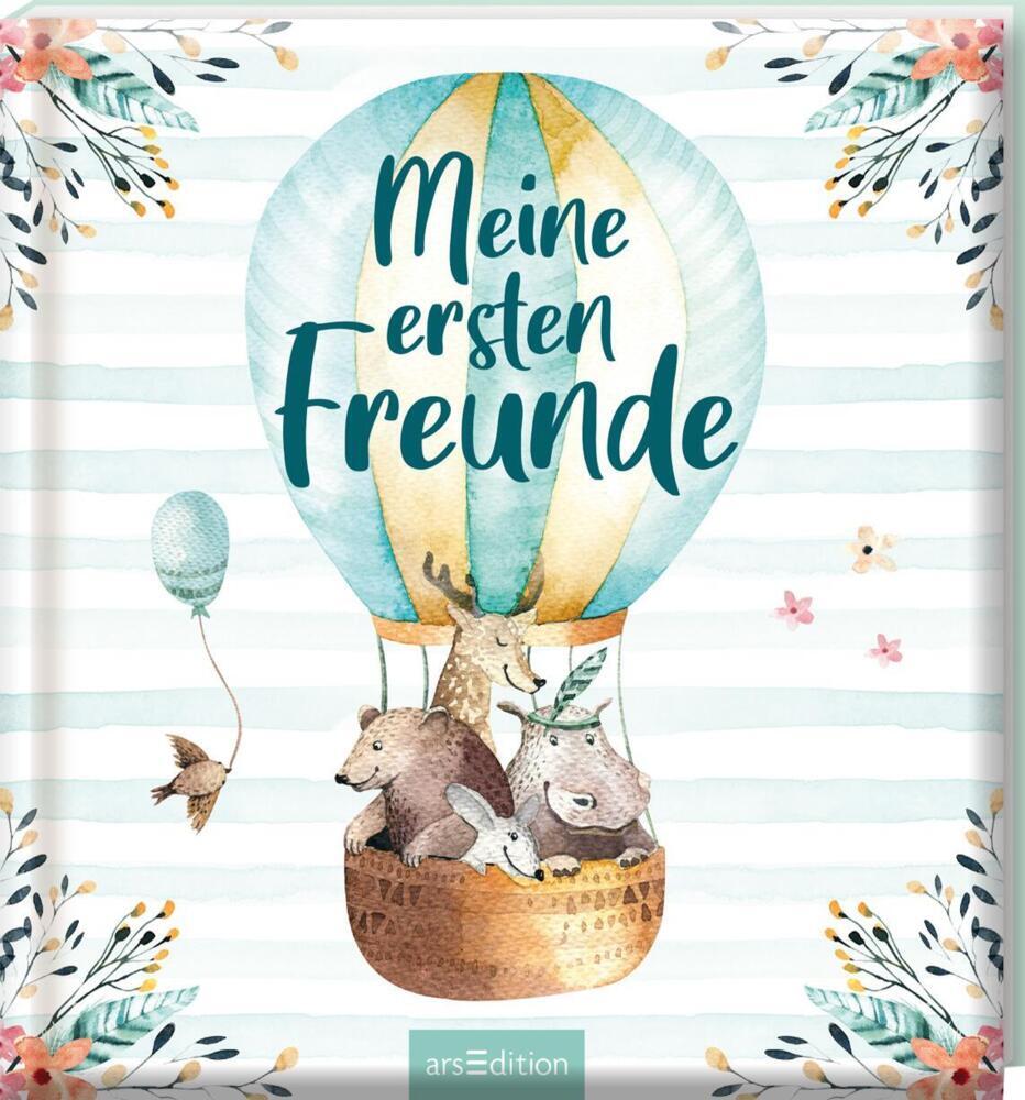 Buchcover mit dem Titel 'Meine ersten Freunde'. Illustration eines Heißluftballons. Tiere wie Bär, Reh, und andere im Korb. Sanfte Farben, florale Elemente.