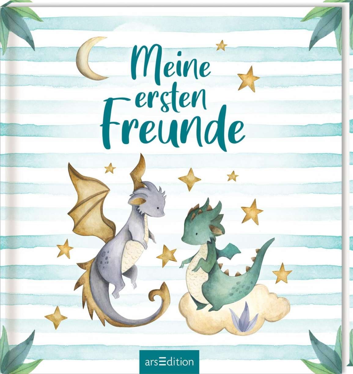 Buchcover mit dem Titel 'Meine ersten Freunde'. Zwei niedliche Drachen stehen auf Wolken, umgeben von Sternen und einem Mond.