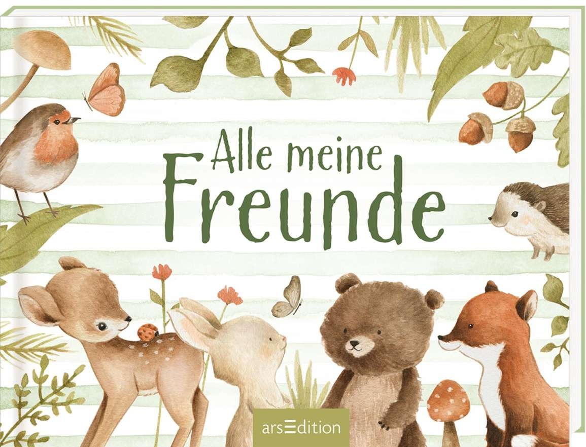 Buchcover mit dem Titel 'Alle meine Freunde'. Illustrationen von verschiedenen Tieren wie einem Vogel, einem Reh und einem Igel.