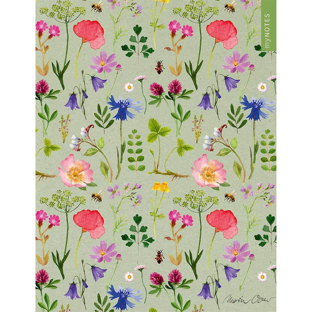 Notizbuchcover mit bunten Blumenmotiven auf grünem Hintergrund. Enthält verschiedene Pflanzen und Insekten.