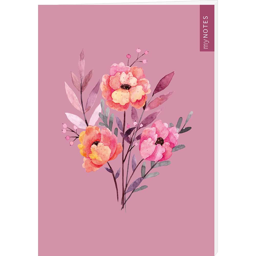 Notizbuch mit floralem Design. Hintergrund in Rosa, Blumen in Pink und Gelb.