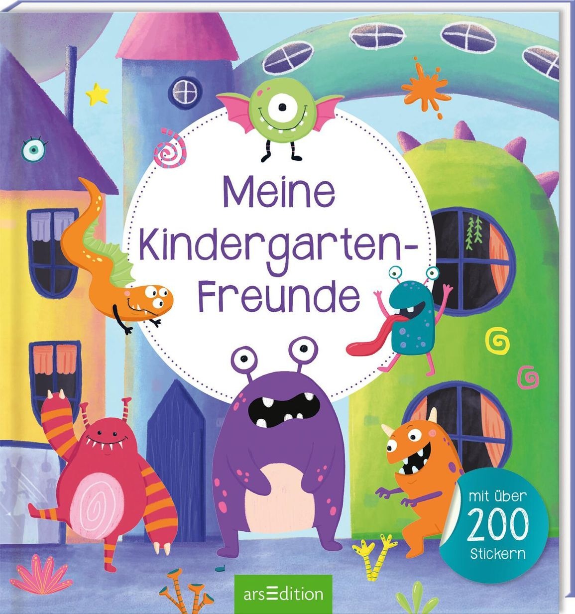Buchcover mit dem Titel 'Meine Kindergarten-Freunde'. Bunte Monster und eine fantasievolle Umgebung.