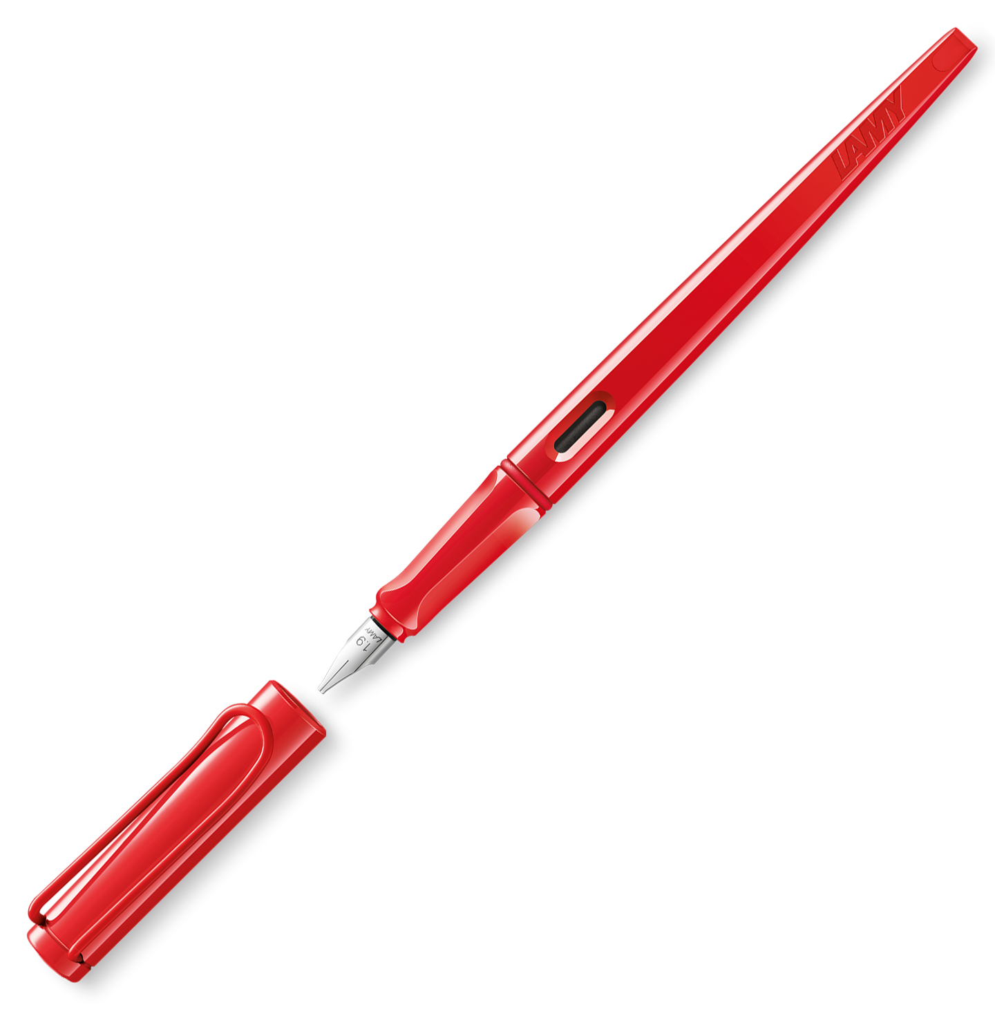roter Füllfederhalter mit abnehmbarem Deckel. Die Feder ist sichtbar und das Design ist schlicht.