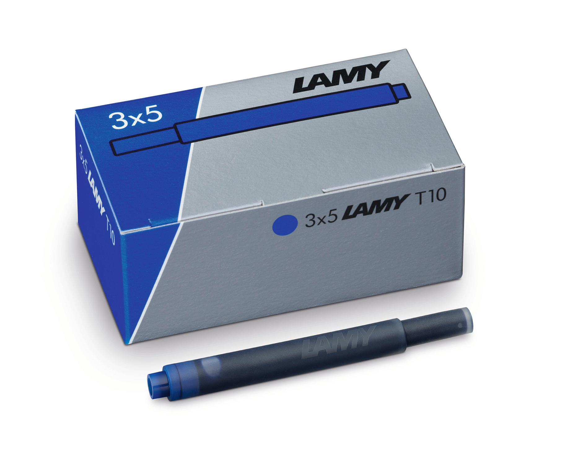 Schachtel mit blauen Tintenpatronen von Lamy. Eine Patrone liegt neben der Schachtel.