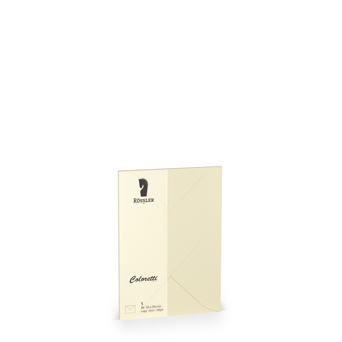 Beige Umschlag mit dem Logo von Rössler. Format 125 x 176 mm.