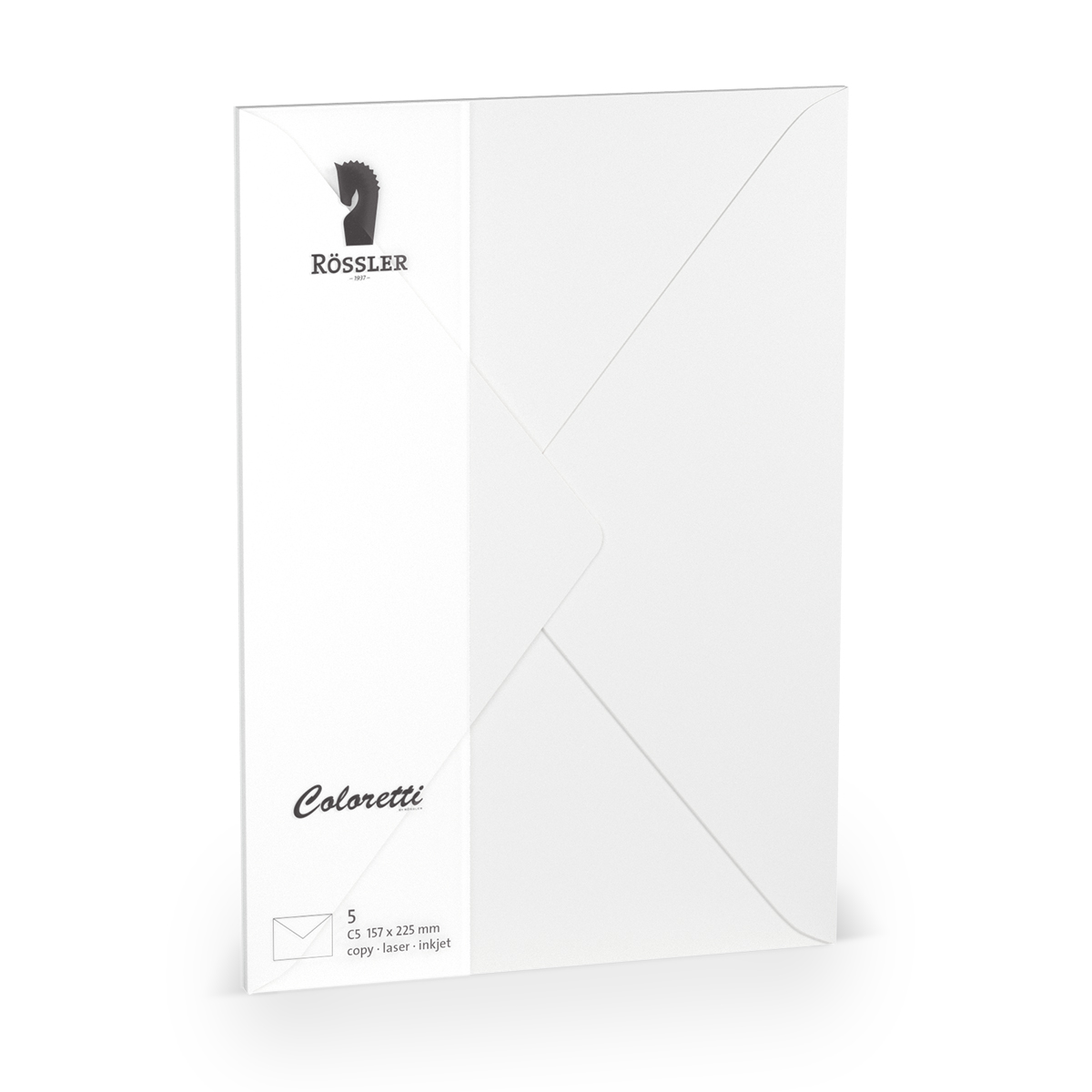 Weißer Briefumschlag mit dem Logo von Rössler. Format C5, geeignet für Drucker.