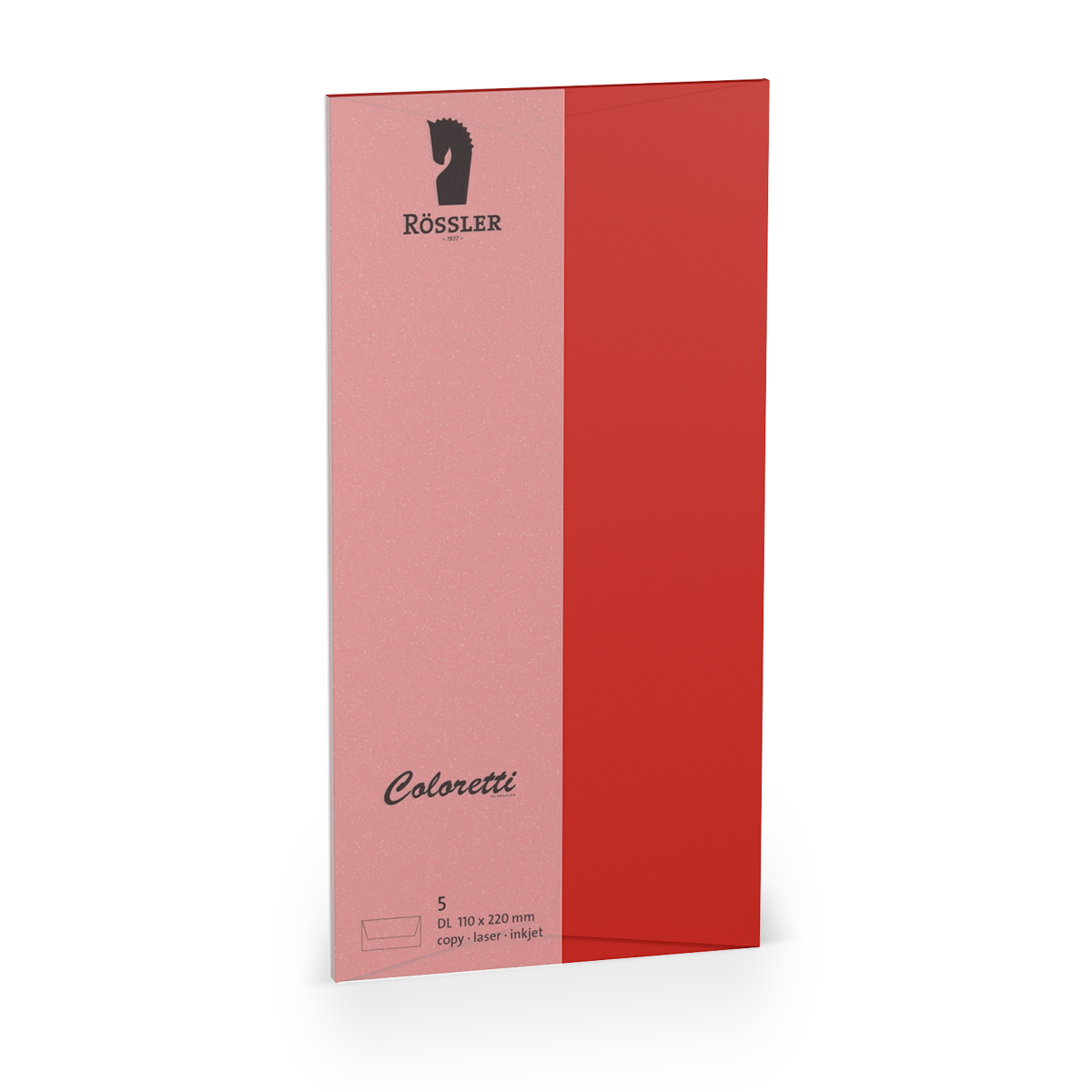 Transparente Hülle in zwei Farben: rosa und rot. Oben das Logo 'Rössler'. Größe DL 110 x 220 mm. Für Kopien geeignet.