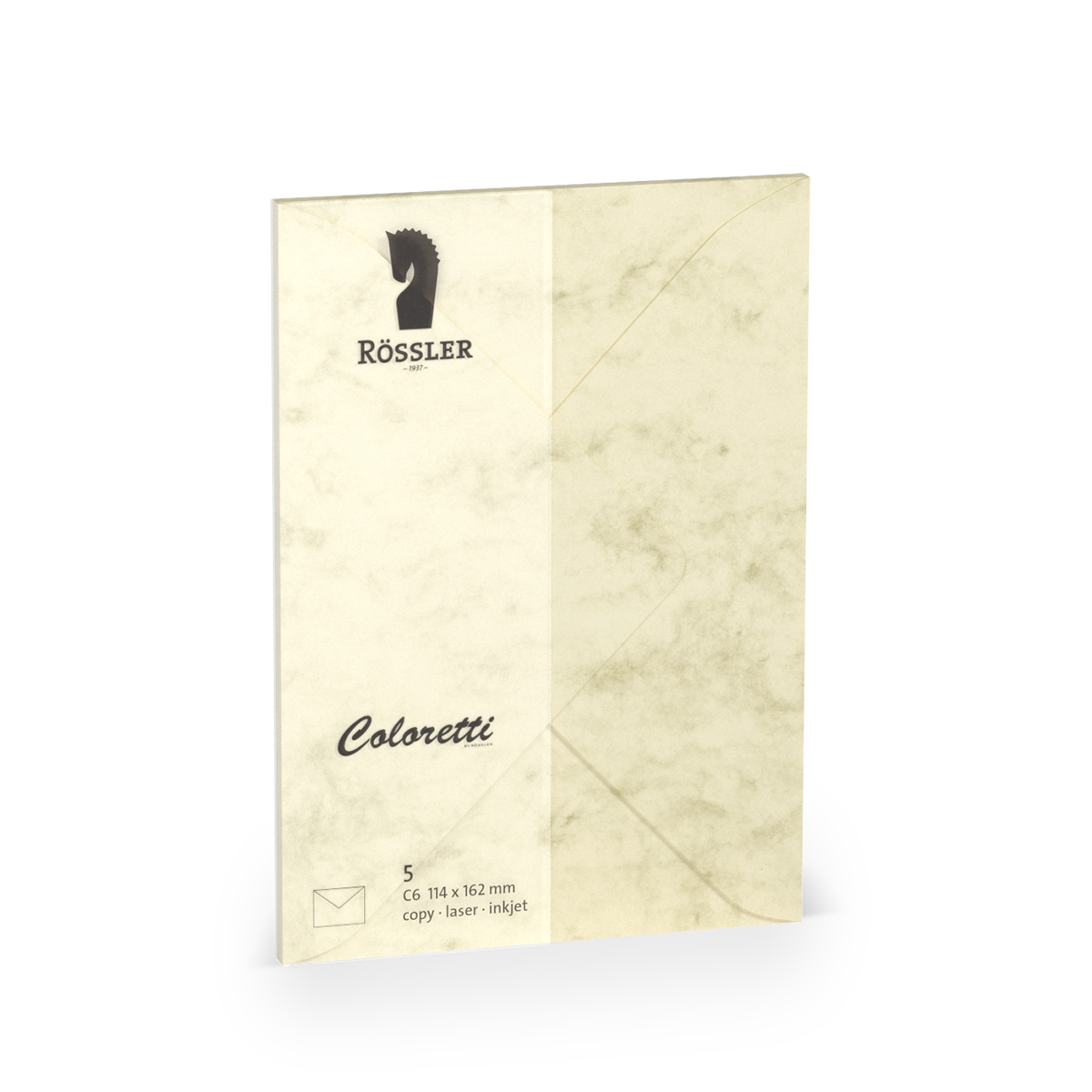 Beige Umschlag mit marmorierter Oberfläche. Logo von Rössler und der Schriftzug 'Coloretti' sichtbar.