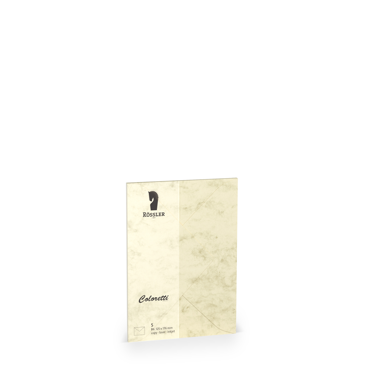 Beige Umschlag mit marmorierter Oberfläche. Logo von Rössler und der Schriftzug 'Colonetti' sind sichtbar.