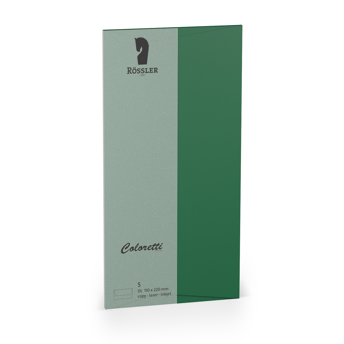 Grünes Papierformat mit glatter Oberfläche. Logo 'Rössler' oben. Beschriftung 'Coloretti'. Größe DL 110 x 220 mm. Geeignet für Kopierer und Drucker.