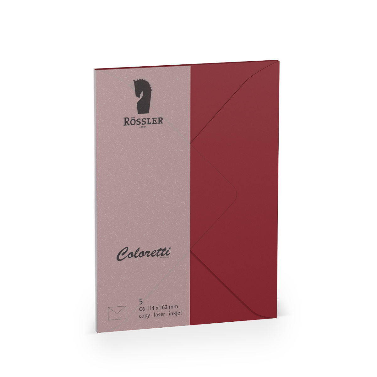 Rote C6 Umschläge in einer Packung. Auf der Vorderseite das Logo von Rössler und der Schriftzug Coloretti.