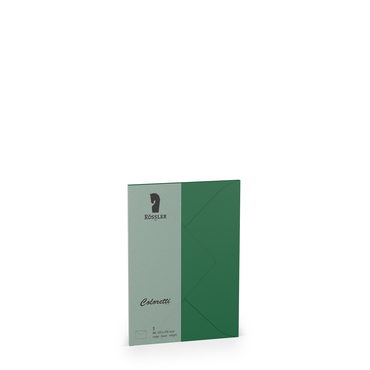 Grüne Klappkarte mit grauem Umschlag. Auf der Vorderseite das Logo von Rössler.