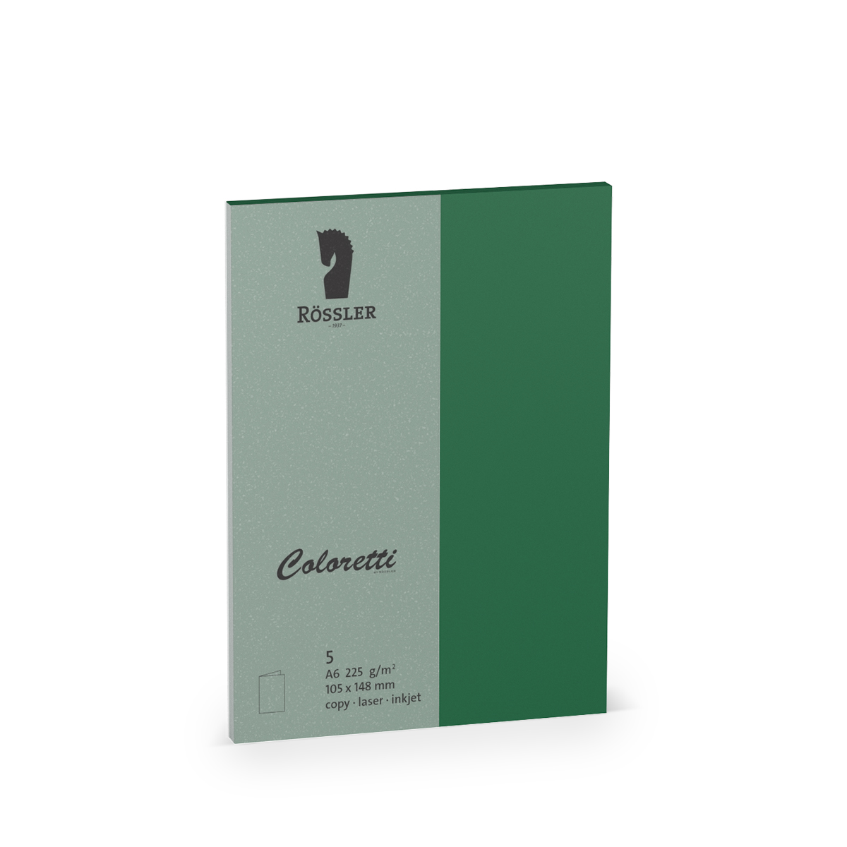 Grünes Notizbuch mit grauem Deckblatt. Logo oben links. A6-Format, 225 g/m², 105 x 148 mm. Geeignet für Kopierer und Drucker.