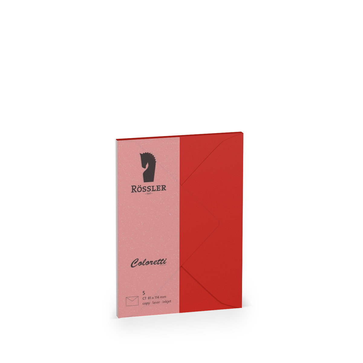 Rotes Kuvert mit abgerundeten Ecken. Logo von Rössler in Schwarz oben links. Größe C7, geeignet für Laser- und Inkjet-Druck.