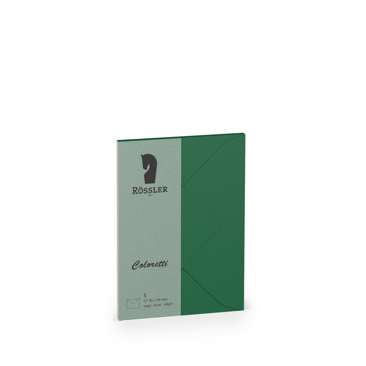 Grüne Klappkarte mit grauem Umschlag. Logo von Rössler und die Bezeichnung 'Coloretti' sichtbar.