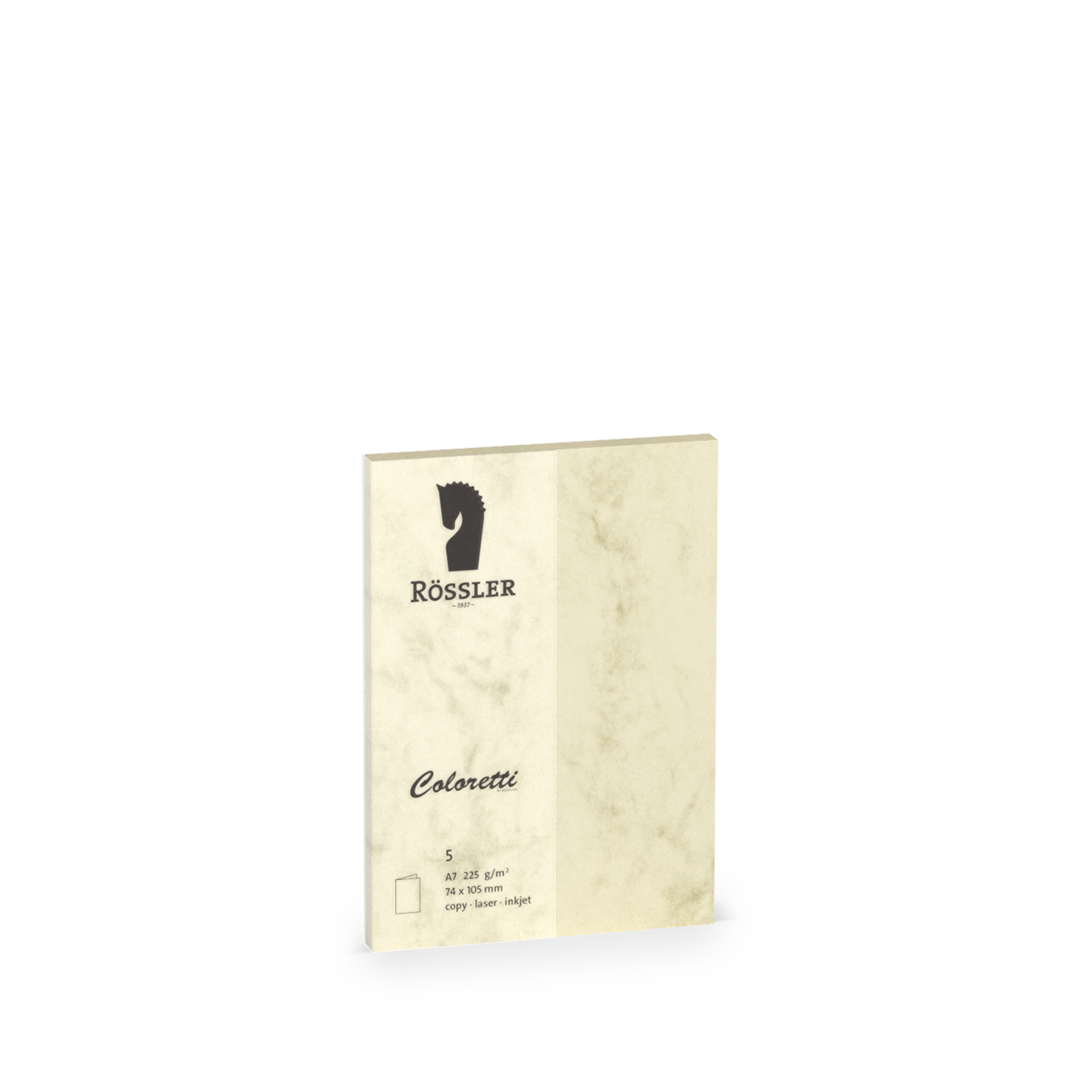 Notizbuch mit dem Titel 'Coloretti'. Beige Farbe, marmorierte Oberfläche. Logo von Rössler oben. Format A5, 74 x 105 mm.