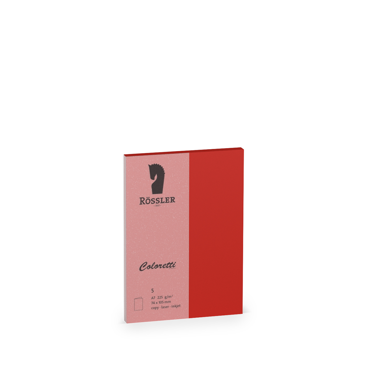 Rotes Notizbuch mit dem Logo von Rössler. Es hat eine glatte Oberfläche und ist im A7 Format.