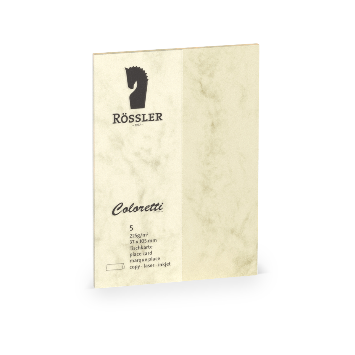 Beige Tischkarte mit marmorierter Oberfläche. Logo von Rössler oben und Platz für Namen.