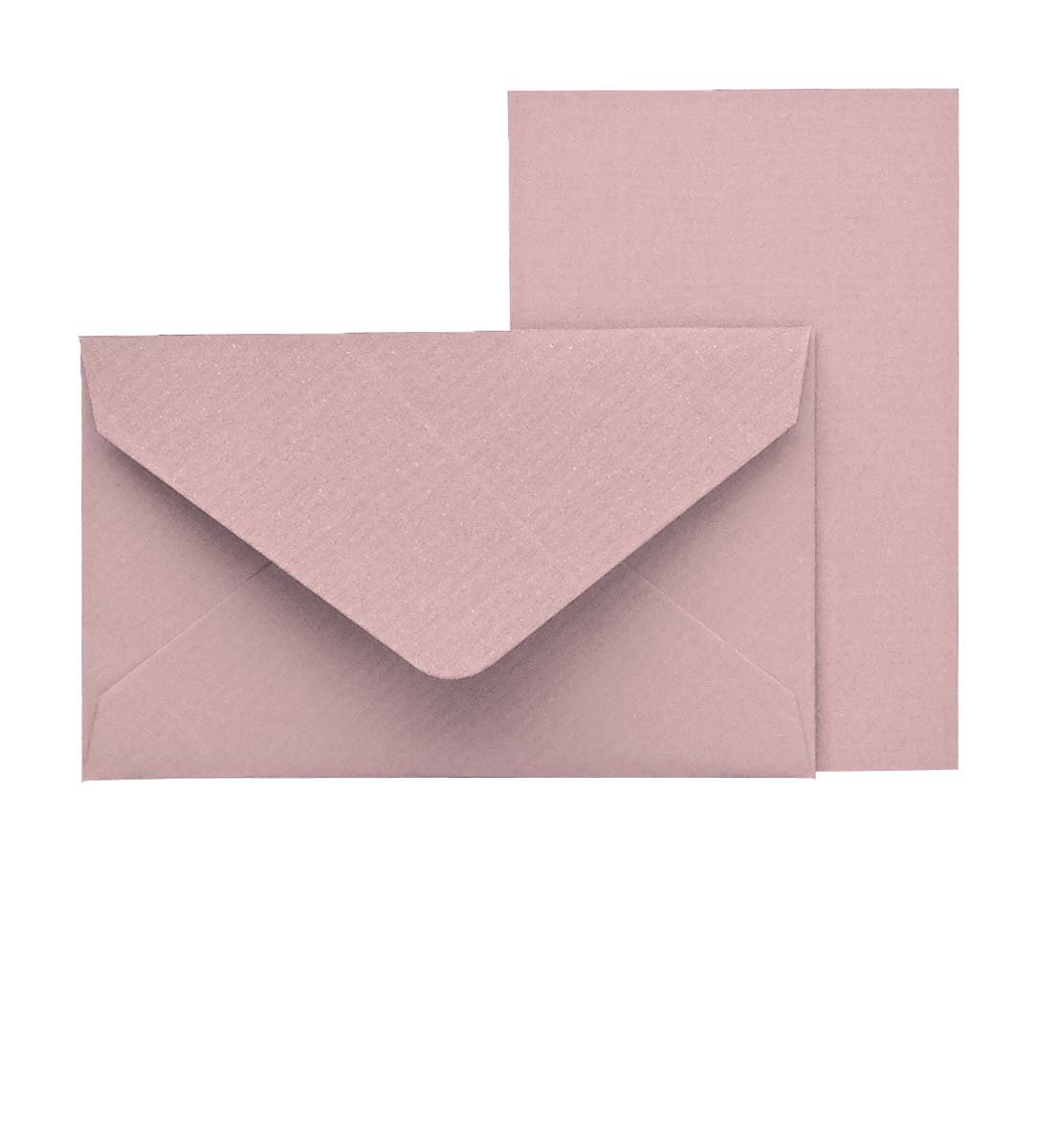 Rosa Briefumschlag mit passendem Blatt Papier. Der Umschlag hat eine spitze Klappe.