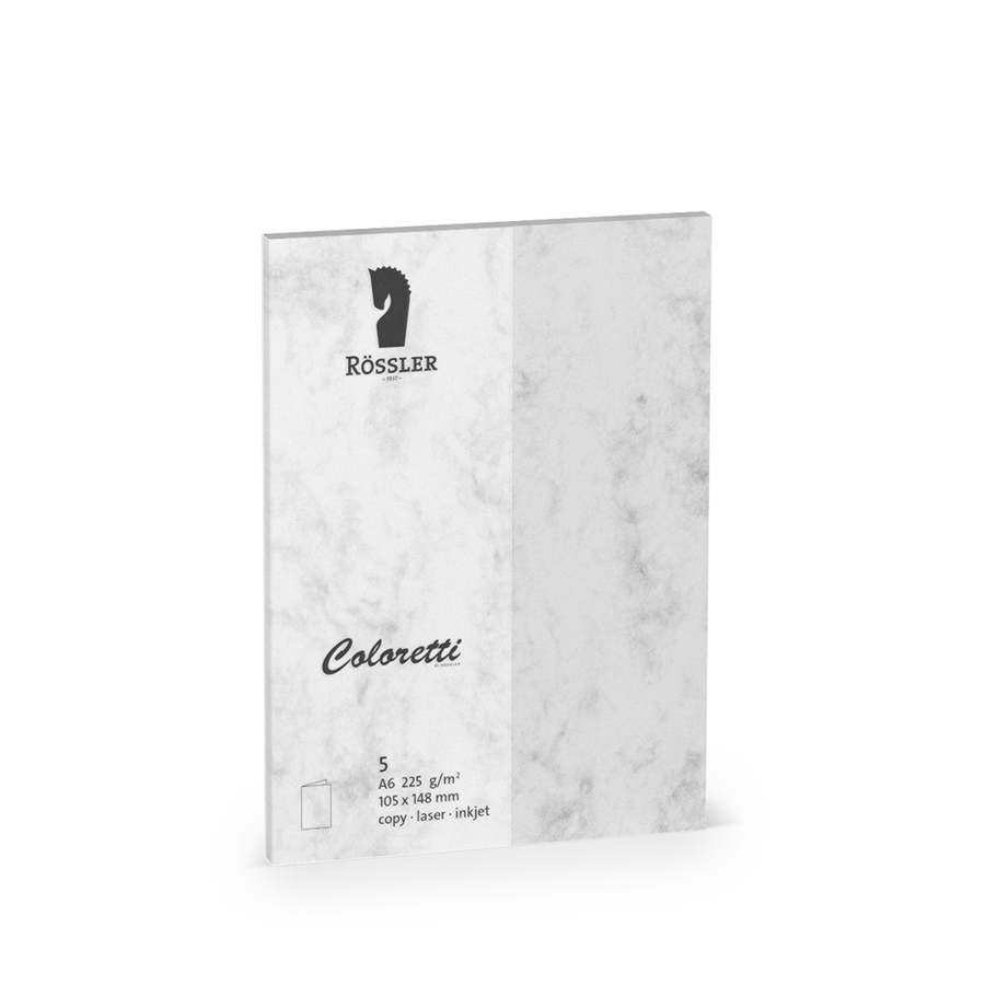 Helles Notizbuch mit marmorierter Oberfläche. Auf dem Cover steht 'Coloretti' und das Logo von Rössler.