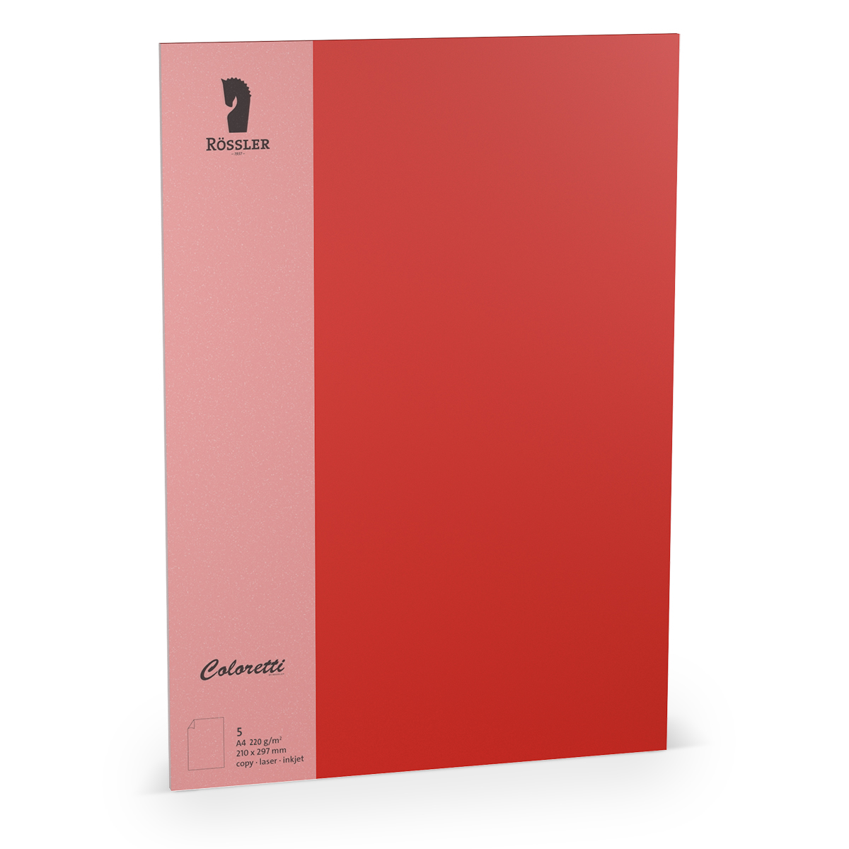 Rotes Papier mit glänzender Oberfläche. Links ist ein helleres Feld mit dem Logo von Rössler.