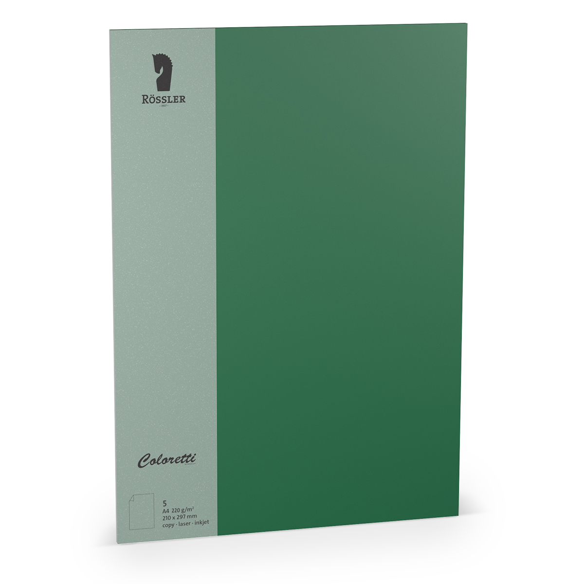 Grünes Papier in A4 Größe. Verpackung mit Logo und Produktbezeichnung.