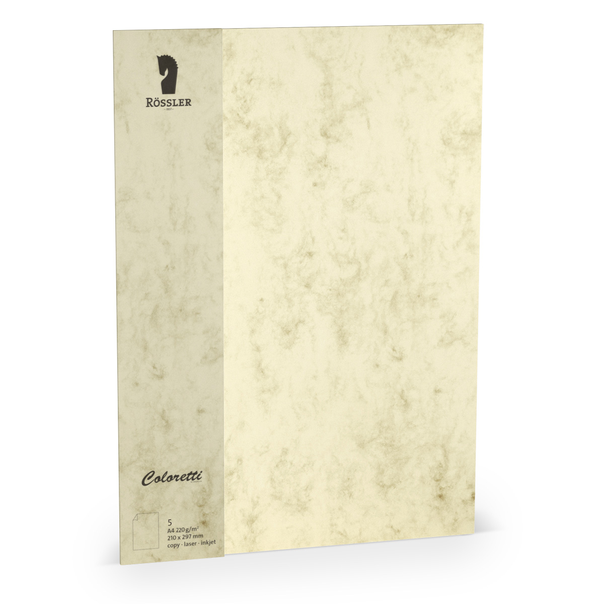 Helle, marmorierte Papiermappe. Logo oben links. Beschriftung unten: 'Coloretti', 250 g/m², A4, geeignet für Laser- und Tintenstrahldruck.