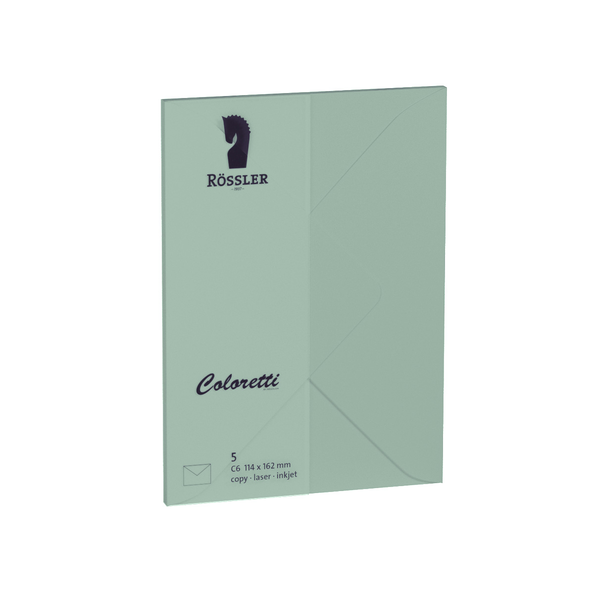 Grüne C6 Umschlag mit Rössler Logo. Für Laser- und Inkjetdruck geeignet.