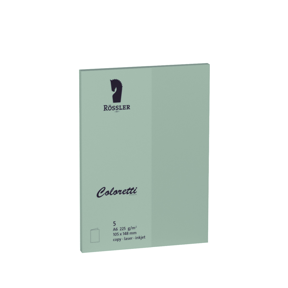 Grünes Papierpaket mit der Aufschrift Coloretti. Enthält A6-Papier für Drucker.