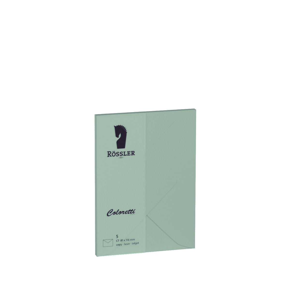 Grüner Umschlag mit dem Logo von Rössler. Größe C7, geeignet für Laser- und Inkjetdruck.