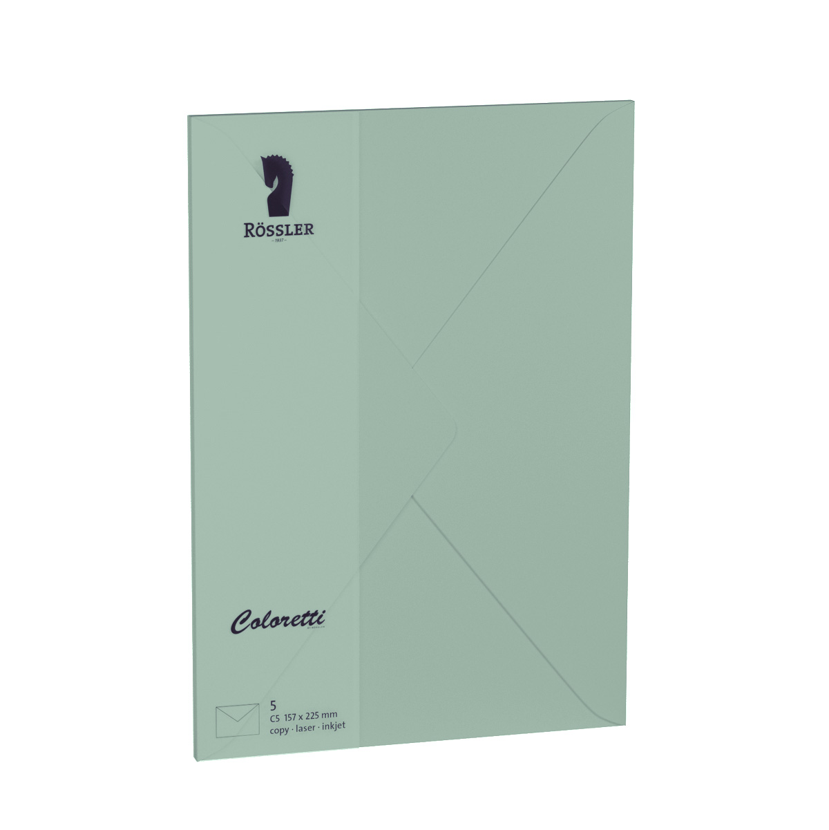 Grünes Kuvert mit dem Logo von Rössler. Es ist für C5 Papierformat geeignet.