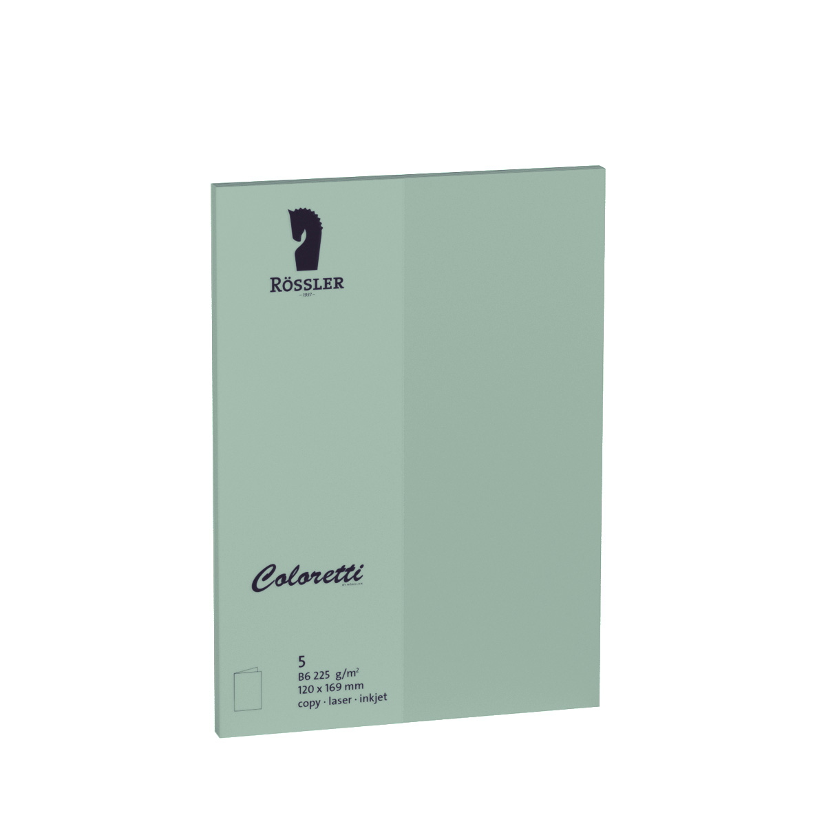 Grünes Papierheft mit dem Logo von Rössler. Format B6, 225 g/m², geeignet für Drucker.