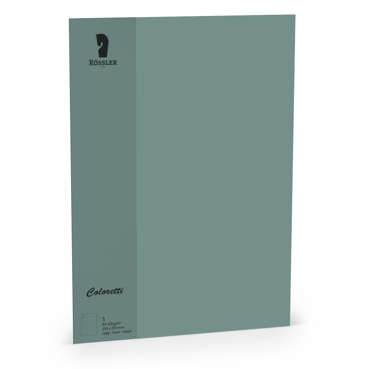 grüner Ordner mit dem Logo von Rössler. Auf der Vorderseite steht 'Coloretti'. A4 Format, 250 g/m², geeignet für Laser- und Inkjetdruck.