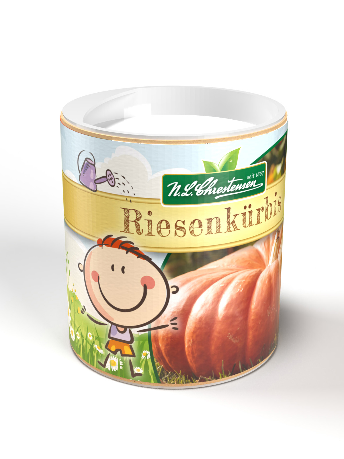 Runde Dose mit dem Aufdruck 'Riesenkuerbis'. Bunte Illustration eines lachenden Kindes und einem großen Kürbis.