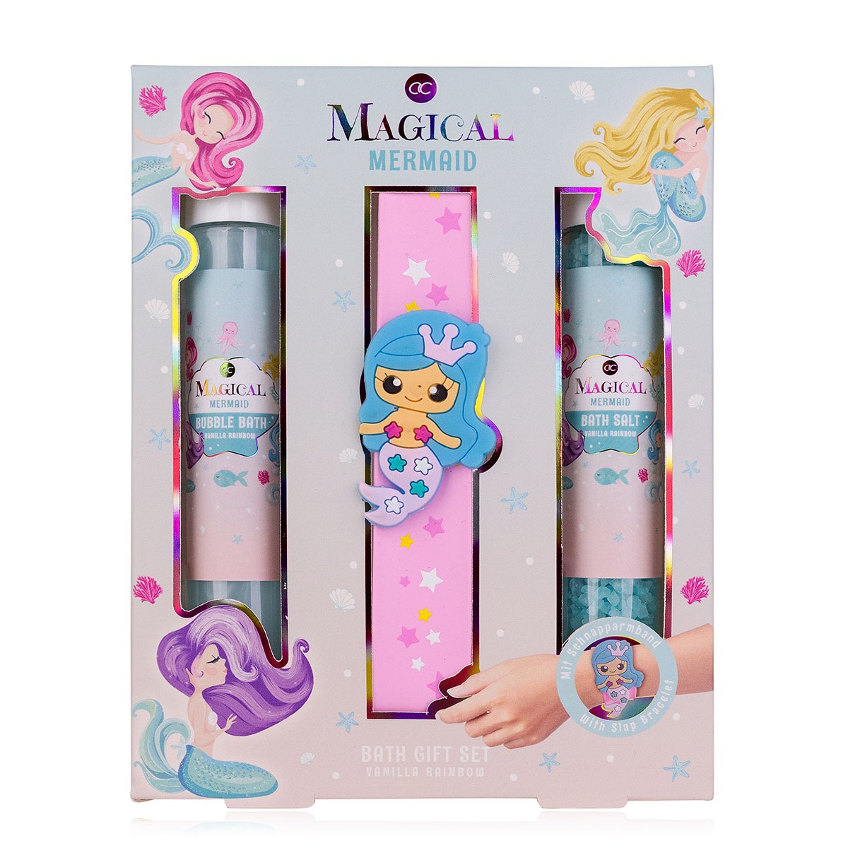 Geschenkset mit Badeprodukten für Kinder. Enthält Badebombe, Badesalz und einen bunten Slap Bracelet.