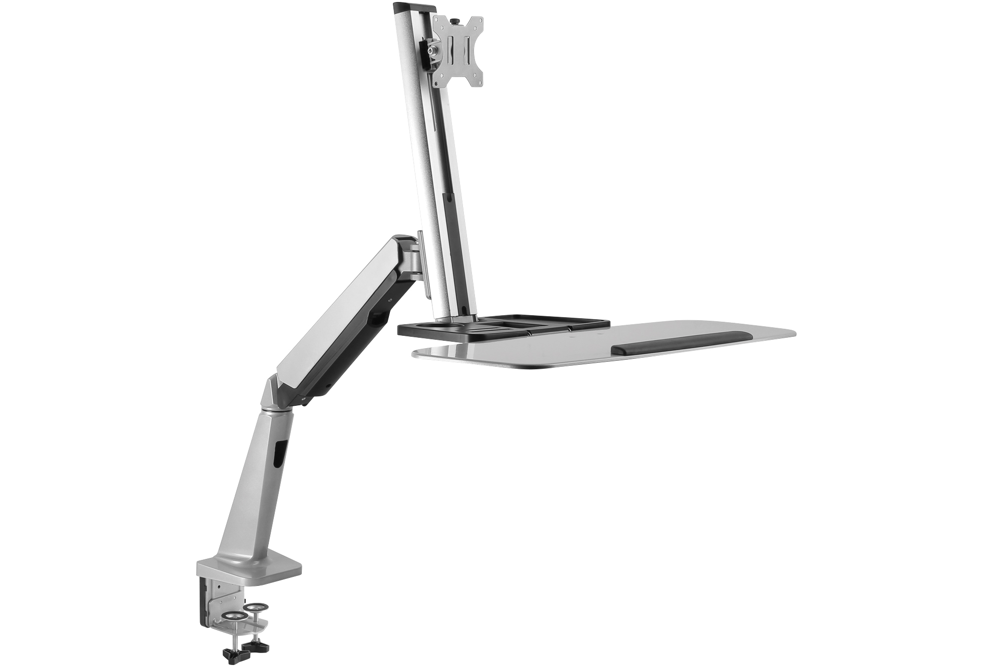 Monitorarm aus silbernem Metall mit einer Halterung für einen Bildschirm. Eine Ablagefläche ist ebenfalls vorhanden.